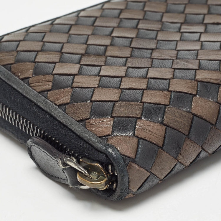 Pre Owned Bottega Veneta Brown/Black Intrecciato Leather Zip Around Wallet