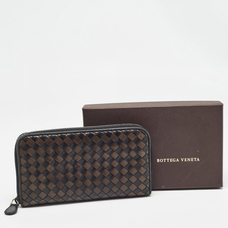 Pre Owned Bottega Veneta Brown/Black Intrecciato Leather Zip Around Wallet