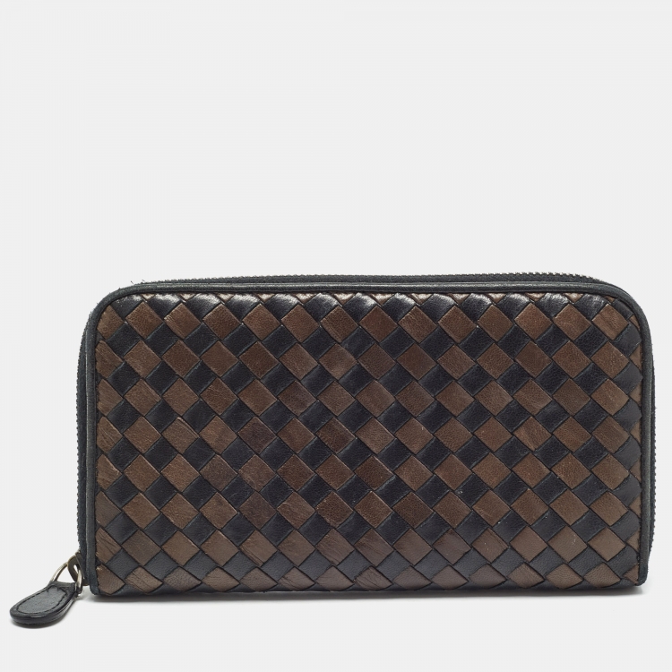 Pre Owned Bottega Veneta Brown/Black Intrecciato Leather Zip Around Wallet