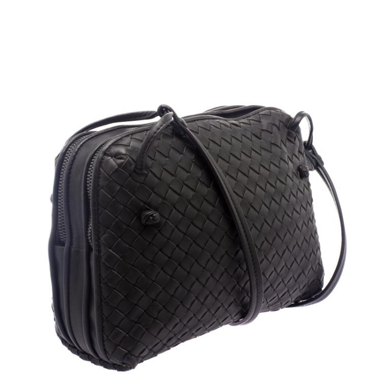 Pre Owned Bottega Veneta Dark Brown Intrecciato Leather Double Messenger Bag
