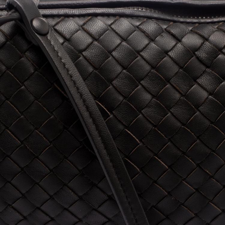 Pre Owned Bottega Veneta Dark Brown Intrecciato Leather Double Messenger Bag