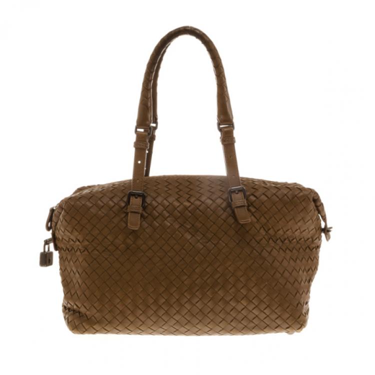 Pre Owned Bottega Veneta Intreciato Brown Top Handle Bag 