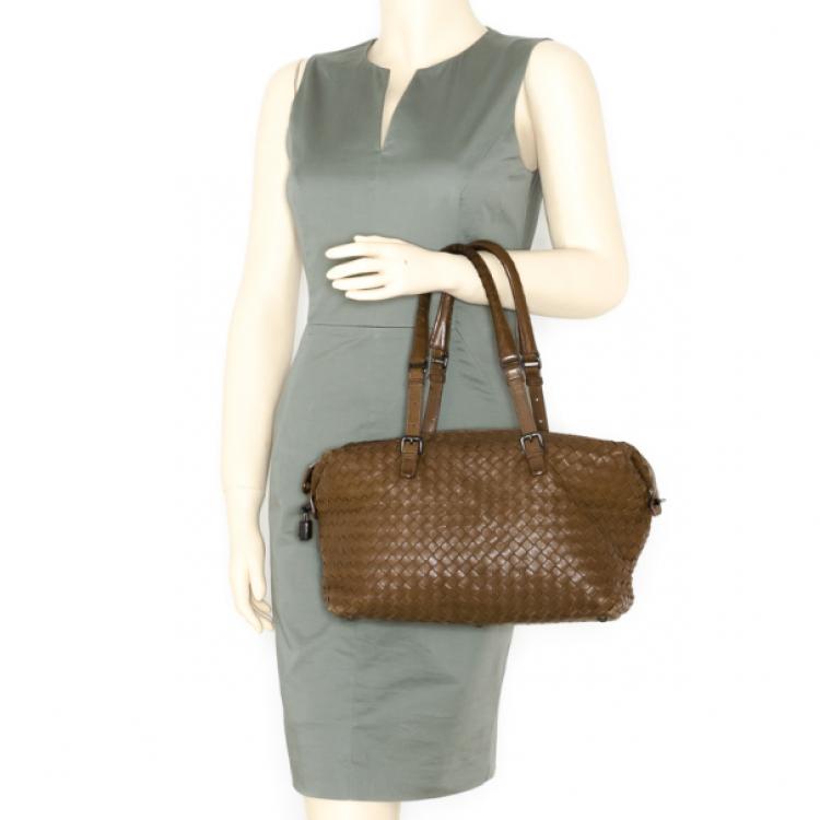 Pre Owned Bottega Veneta Intreciato Brown Top Handle Bag 