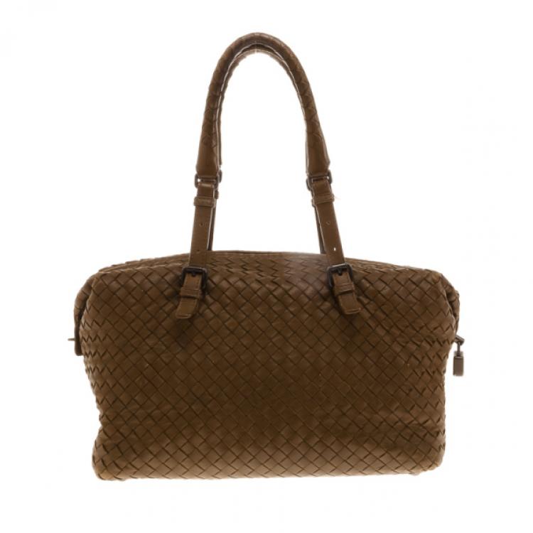 Pre Owned Bottega Veneta Intreciato Brown Top Handle Bag 