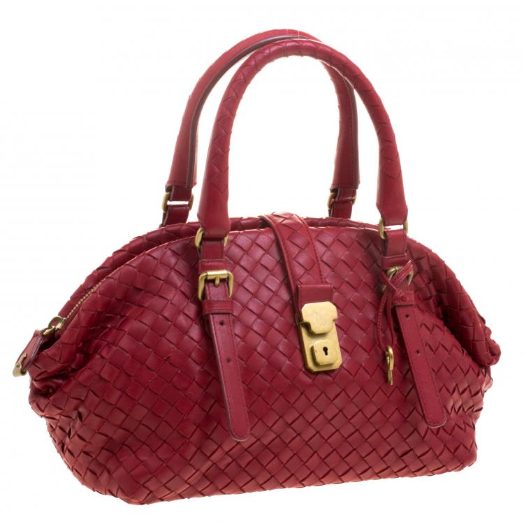 Pre Owned Bottega Veneta Red Intrecciato Leather Satchel