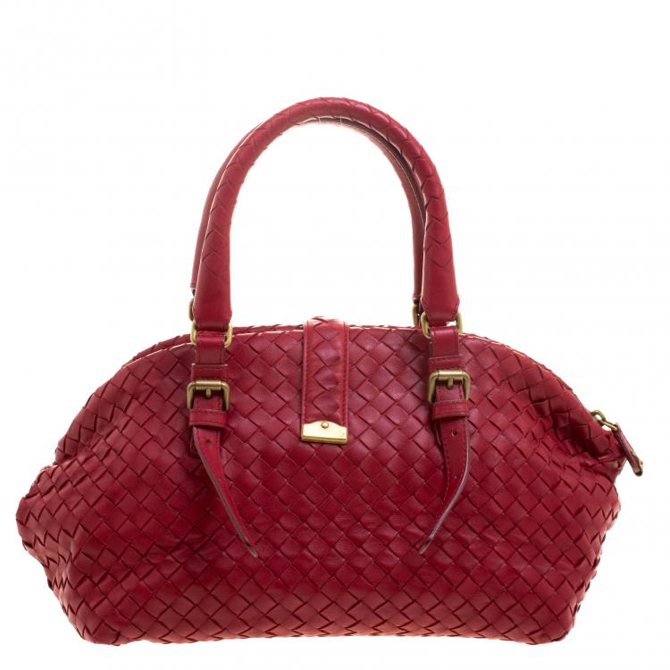 Pre Owned Bottega Veneta Red Intrecciato Leather Satchel