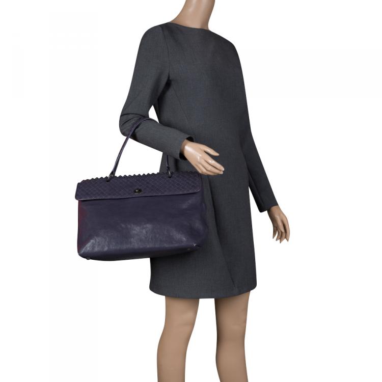 Pre Owned Bottega Veneta Navy Blue Woven Leather Tiina Bag