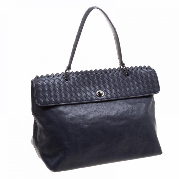 Pre Owned Bottega Veneta Navy Blue Woven Leather Tiina Bag