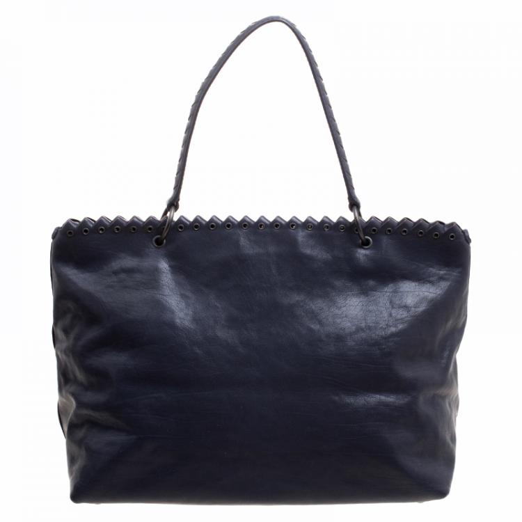 Pre Owned Bottega Veneta Navy Blue Woven Leather Tiina Bag