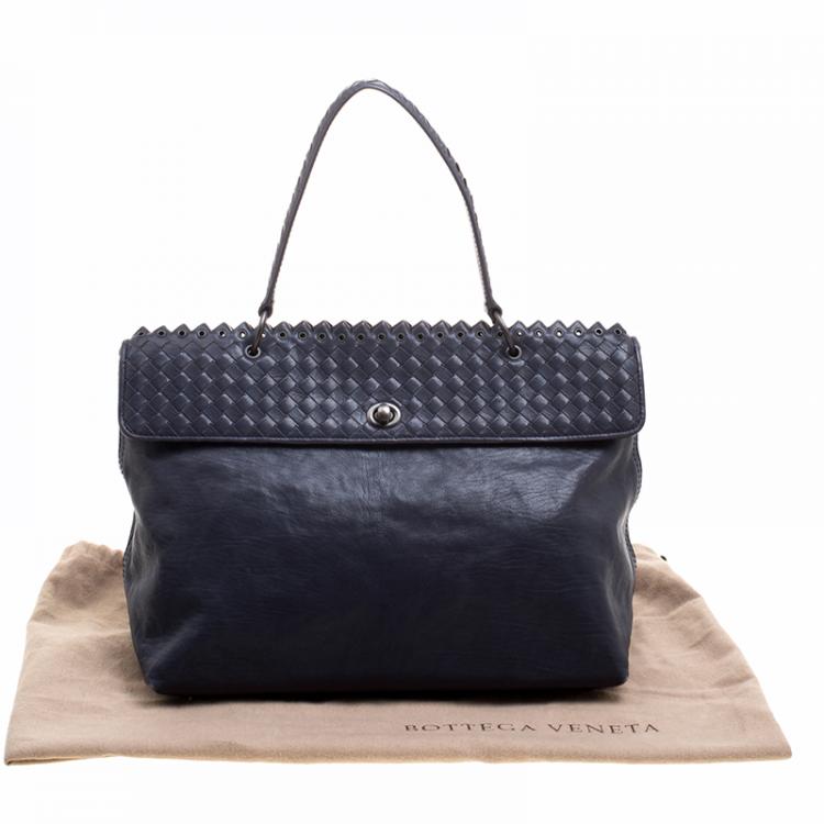 Pre Owned Bottega Veneta Navy Blue Woven Leather Tiina Bag
