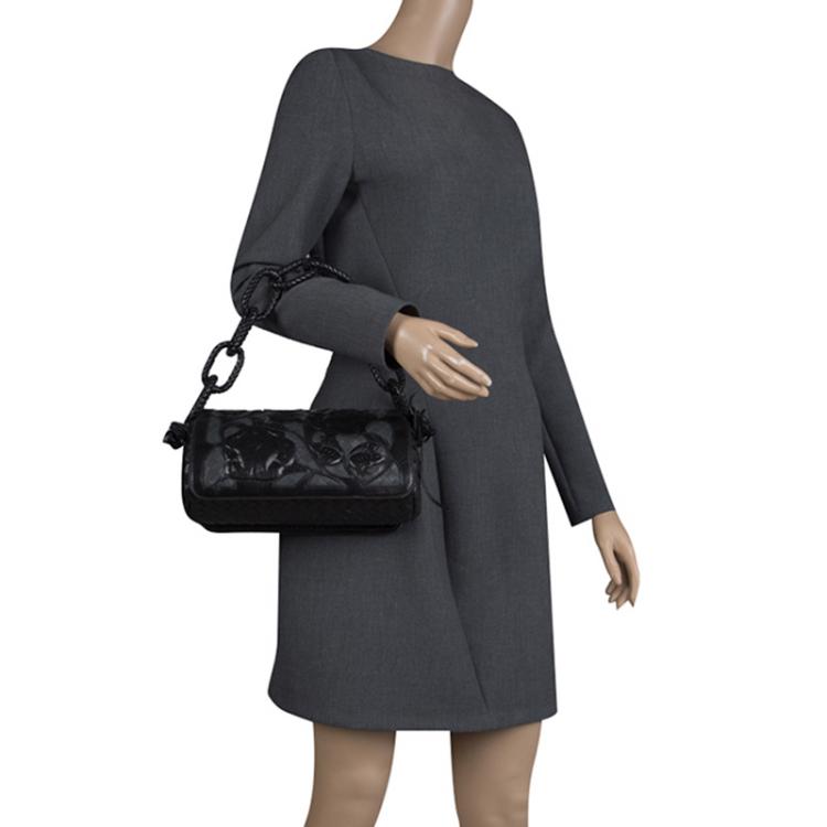 Pre Owned Bottega Veneta Black Intrecciato Leather Limited Edition Floral Applique Sienna Satchel