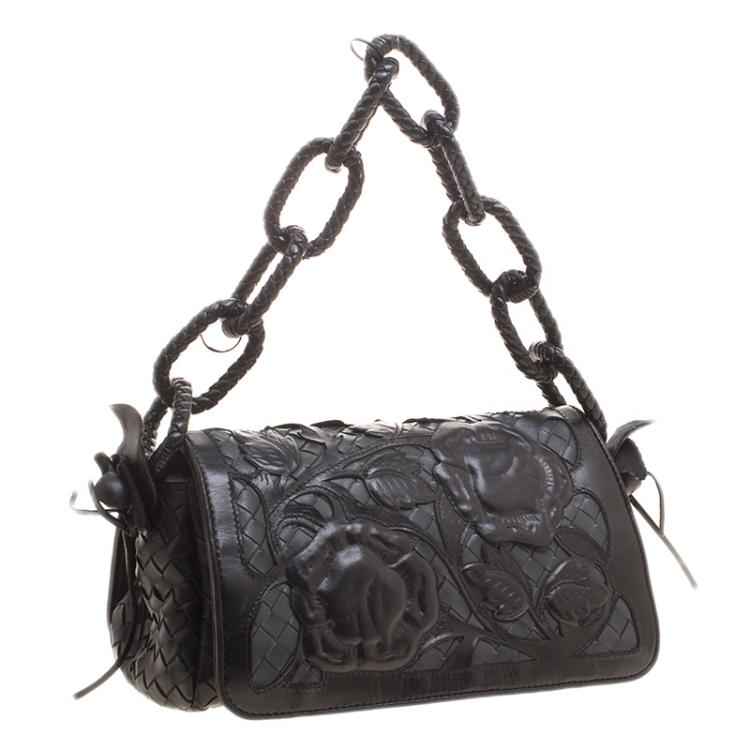 Pre Owned Bottega Veneta Black Intrecciato Leather Limited Edition Floral Applique Sienna Satchel