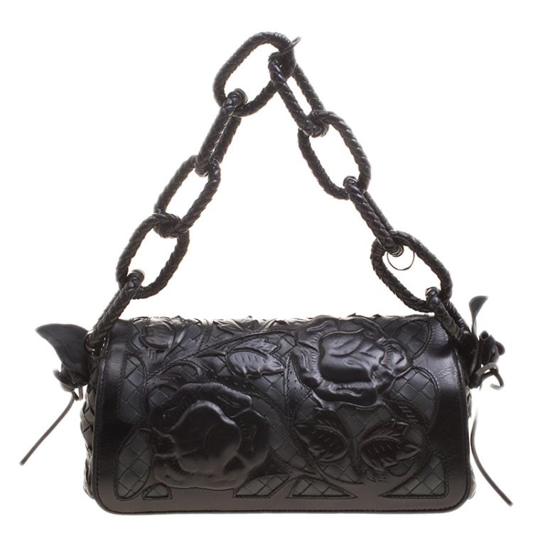 Pre Owned Bottega Veneta Black Intrecciato Leather Limited Edition Floral Applique Sienna Satchel