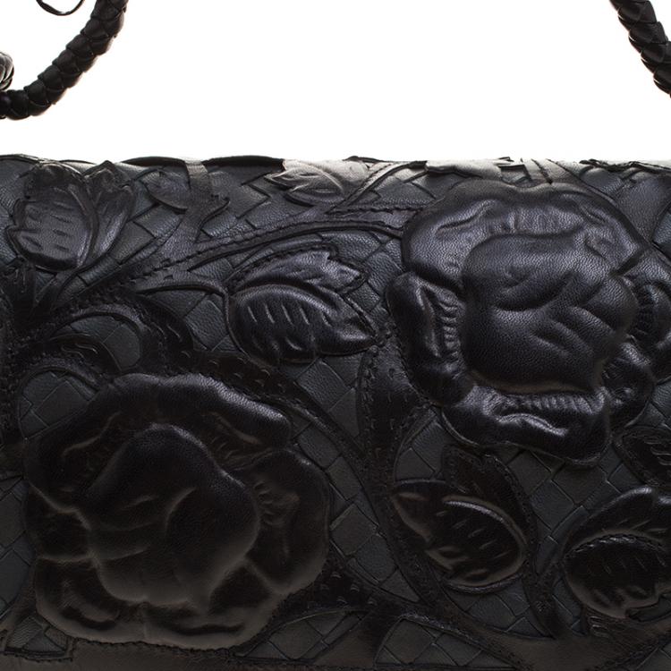 Pre Owned Bottega Veneta Black Intrecciato Leather Limited Edition Floral Applique Sienna Satchel