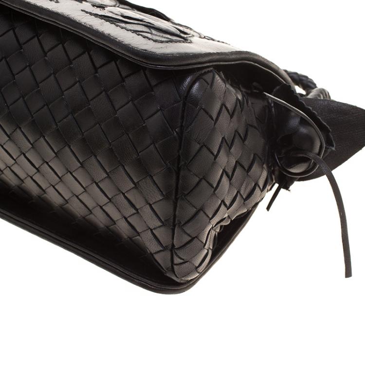 Pre Owned Bottega Veneta Black Intrecciato Leather Limited Edition Floral Applique Sienna Satchel