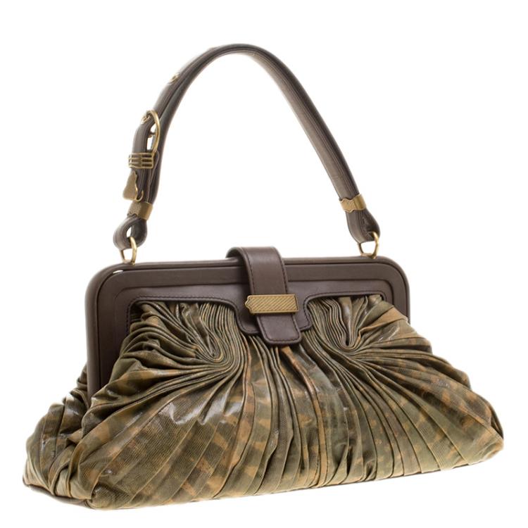 Pre Owned Bottega Veneta Green/Brown Lizard Limited Edition 033/200 Frame Satchel