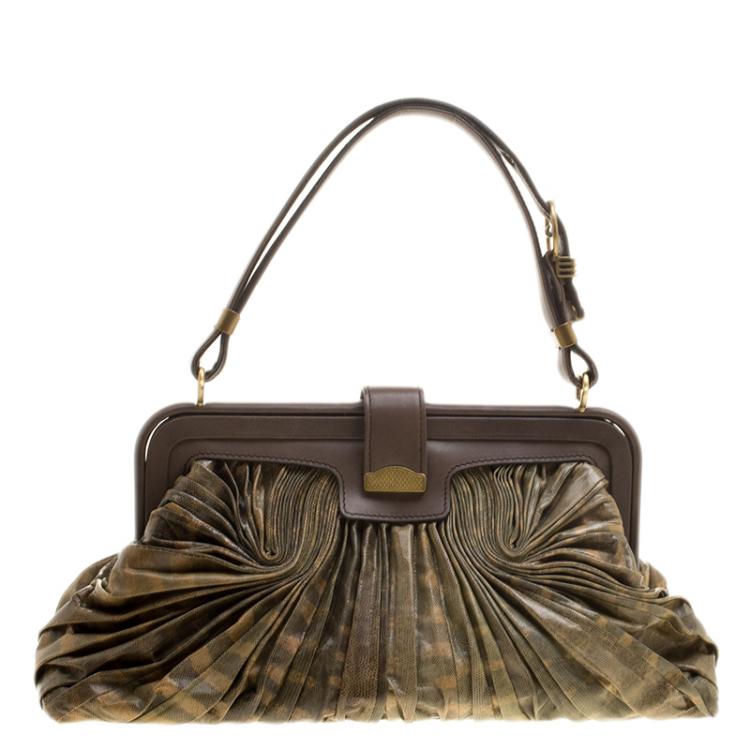 Pre Owned Bottega Veneta Green/Brown Lizard Limited Edition 033/200 Frame Satchel