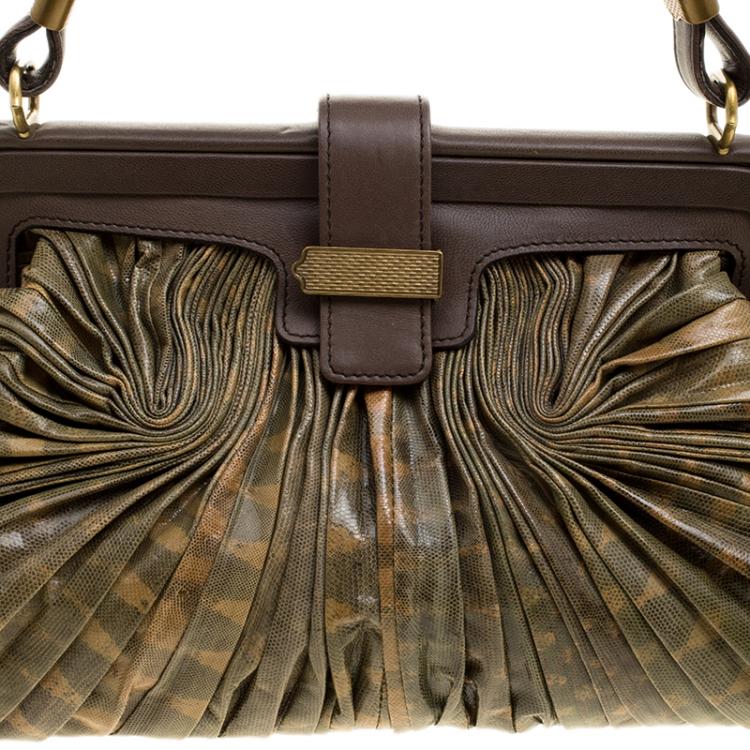 Pre Owned Bottega Veneta Green/Brown Lizard Limited Edition 033/200 Frame Satchel