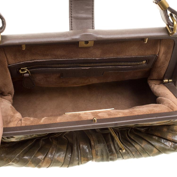 Pre Owned Bottega Veneta Green/Brown Lizard Limited Edition 033/200 Frame Satchel