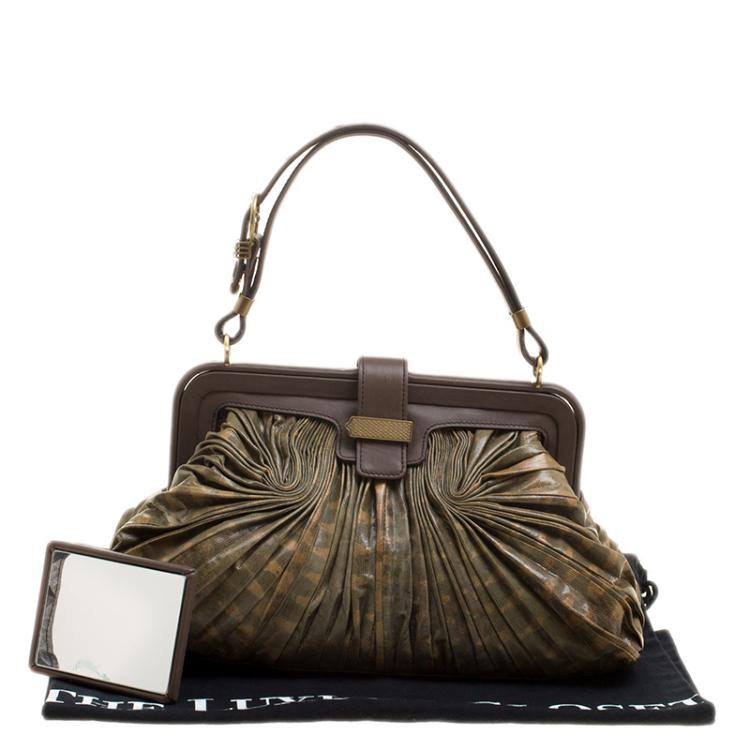 Pre Owned Bottega Veneta Green/Brown Lizard Limited Edition 033/200 Frame Satchel