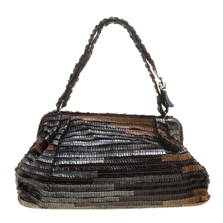 Pre Owned Bottega Veneta Multicolor Lizard Ruffles Limited Edition 084/250 Frame Bag