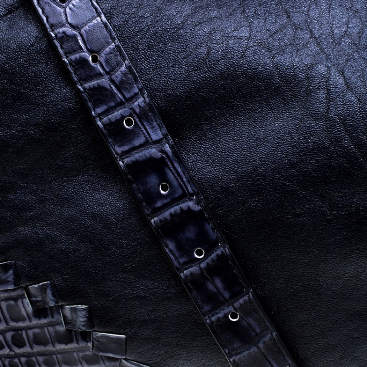 Pre Owned Bottega Veneta Dark Blue Leather and Intrecciato Crocodile Trims Messenger Bag