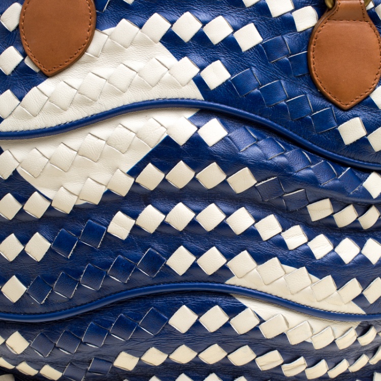 Pre Owned Bottega Veneta Blue/White Intrecciato Leather Bucket Bag