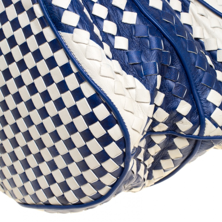 Pre Owned Bottega Veneta Blue/White Intrecciato Leather Bucket Bag