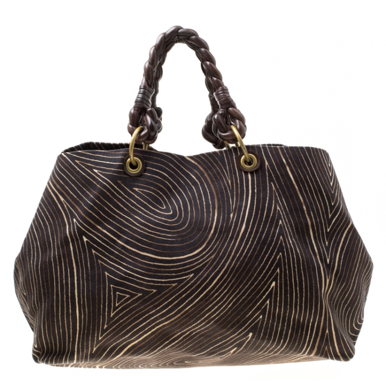 Pre Owned Bottega Veneta Black Printed Canvas Shopper Tote