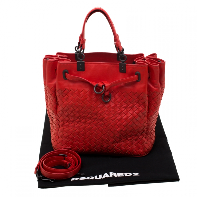 Pre Owned Bottega Veneta Red Intrecciato Leather Drawstring Bucket Bag