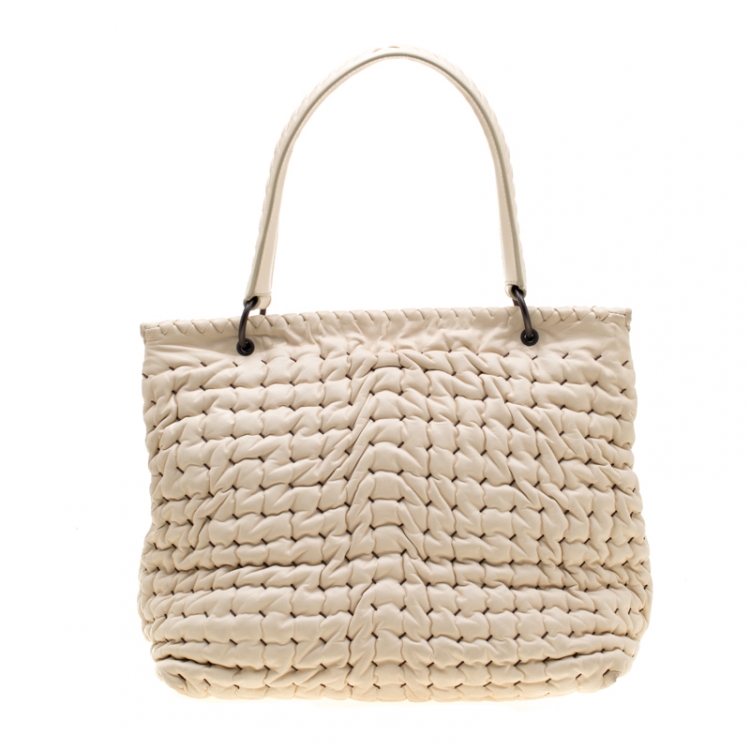 Pre Owned Bottega Veneta Off White Leather Top Handle Bag