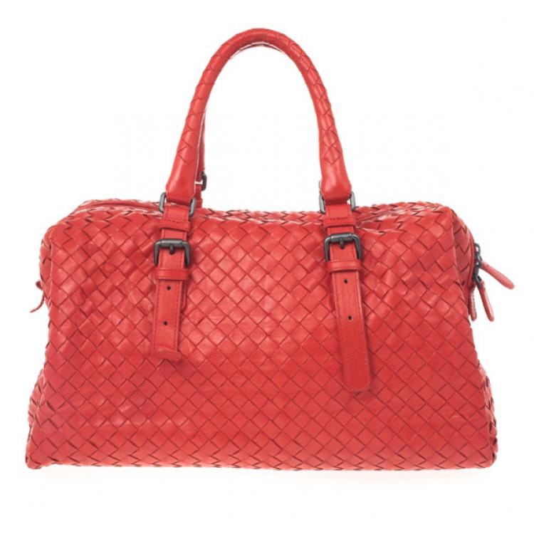 Pre Owned Bottega Veneta Red Intrecciato Boston Bag