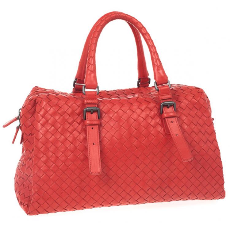 Pre Owned Bottega Veneta Red Intrecciato Boston Bag