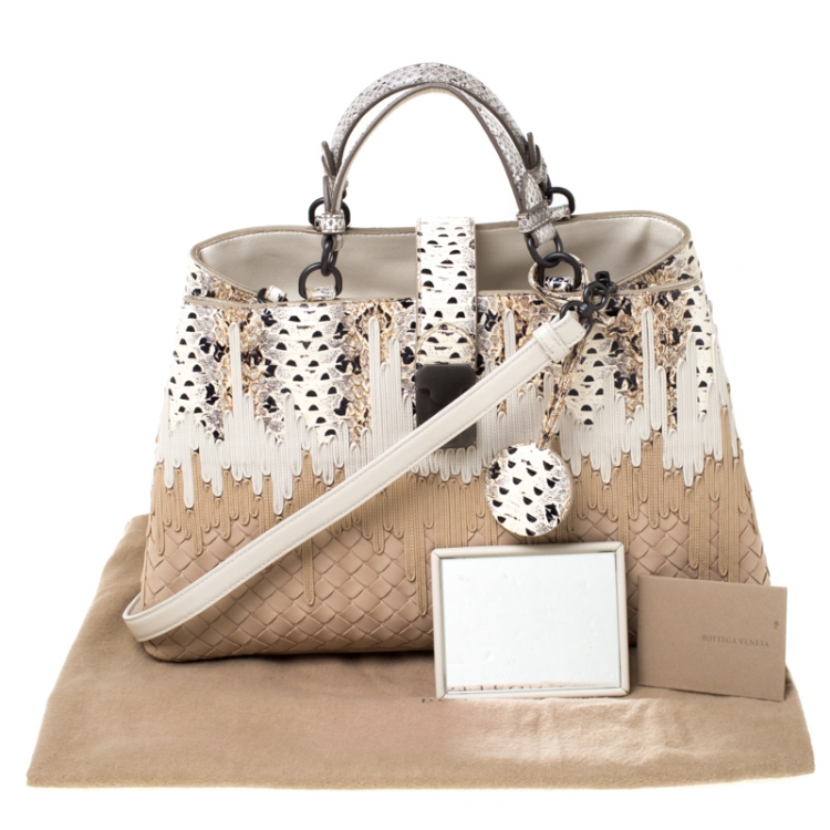 Pre Owned Bottega Veneta Beige/White Woven Leather and Snakeskin Small Flow Wave Tote