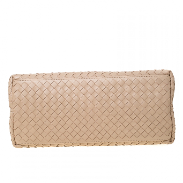 Pre Owned Bottega Veneta Beige/White Woven Leather and Snakeskin Small Flow Wave Tote
