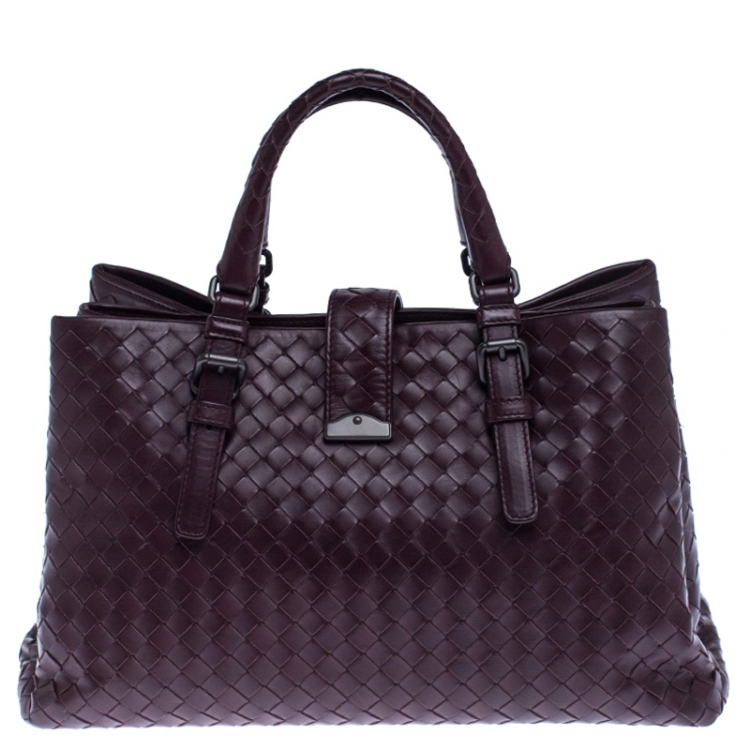 Pre Owned Bottega Veneta Burgundy Intrecciato Leather Small Roma Tote