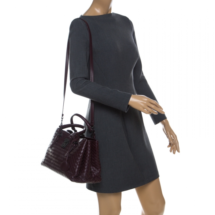 Pre Owned Bottega Veneta Burgundy Intrecciato Leather Small Roma Tote