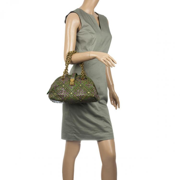 Pre Owned Bottega Veneta Green and Purple Intrecciato Bowling Bag