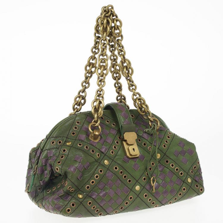 Pre Owned Bottega Veneta Green and Purple Intrecciato Bowling Bag