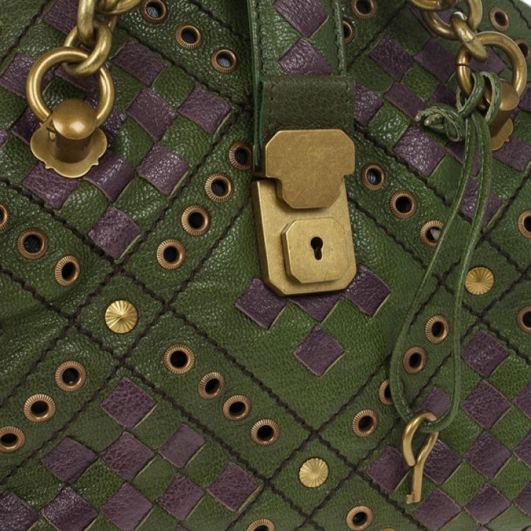 Pre Owned Bottega Veneta Green and Purple Intrecciato Bowling Bag