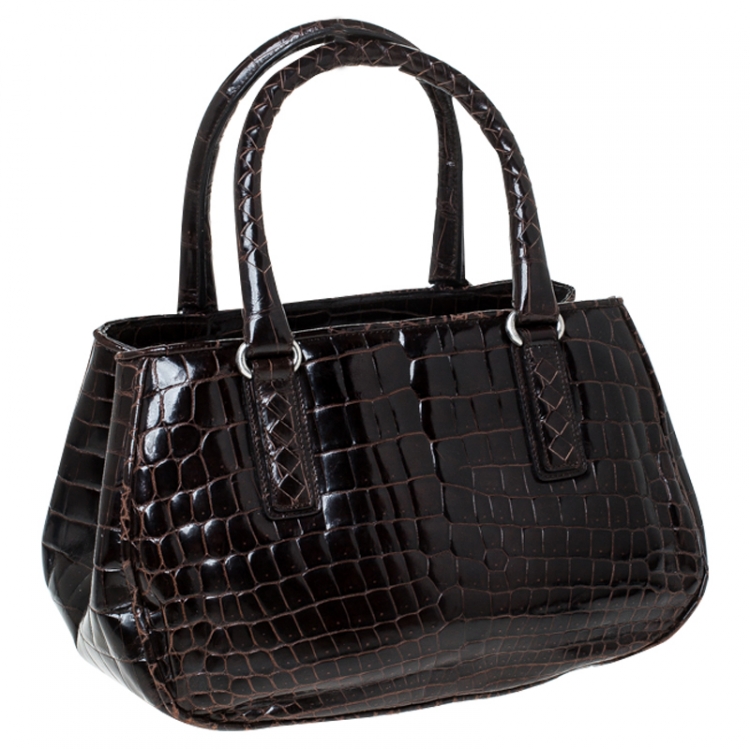 Pre Owned Bottega Veneta Dark Brown Crocodile Satchel