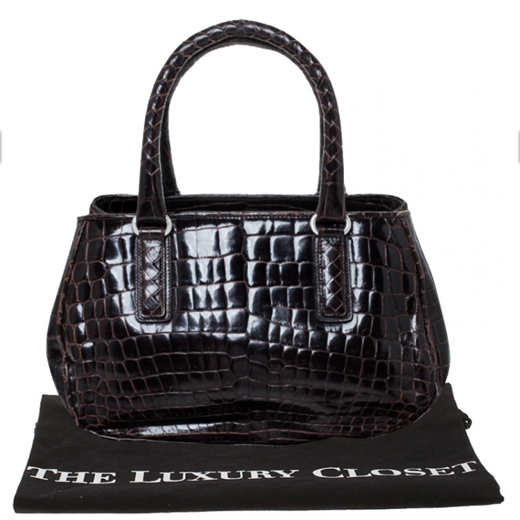 Pre Owned Bottega Veneta Dark Brown Crocodile Satchel