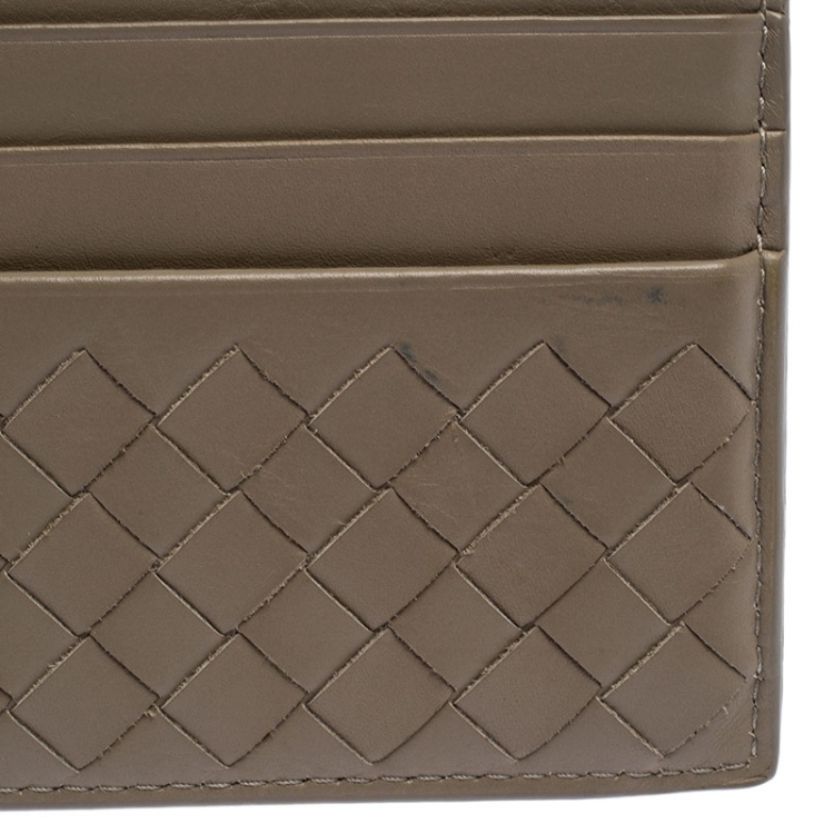 Pre Owned Bottega Veneta Olive Green Intrecciato Leather Card Holder