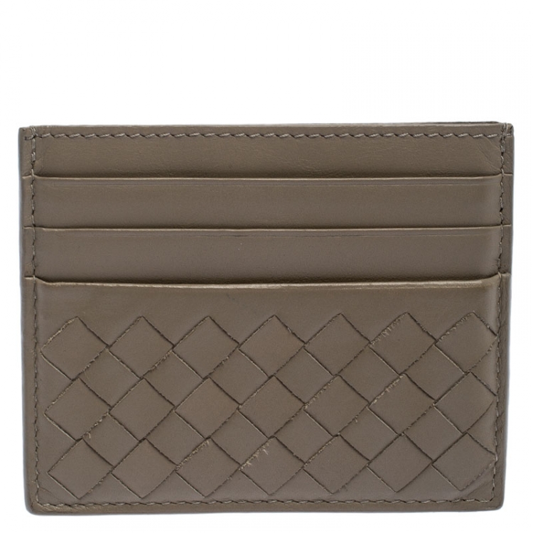 Pre Owned Bottega Veneta Olive Green Intrecciato Leather Card Holder