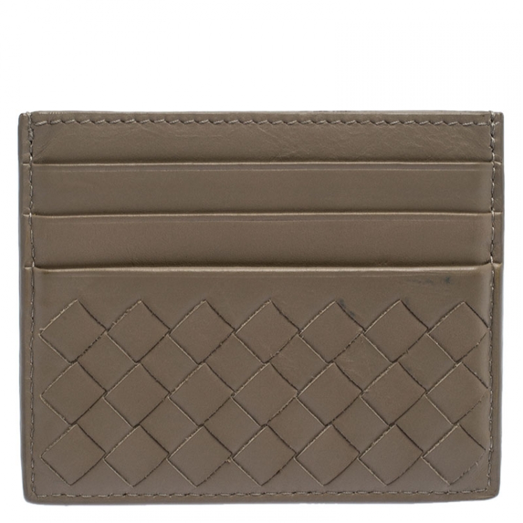 Pre Owned Bottega Veneta Olive Green Intrecciato Leather Card Holder