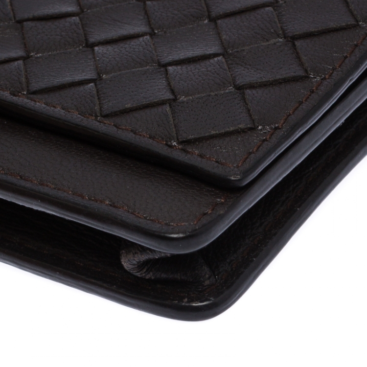 Pre Owned Bottega Veneta Dark Brown Intrecciato Leather Flap Card Case