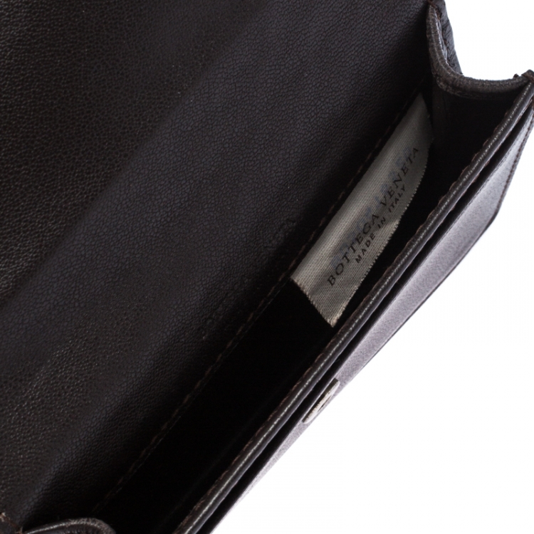 Pre Owned Bottega Veneta Dark Brown Intrecciato Leather Flap Card Case