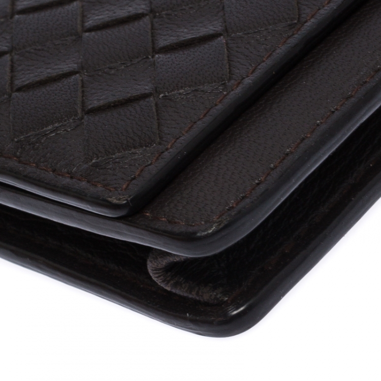 Pre Owned Bottega Veneta Dark Brown Intrecciato Leather Flap Card Case