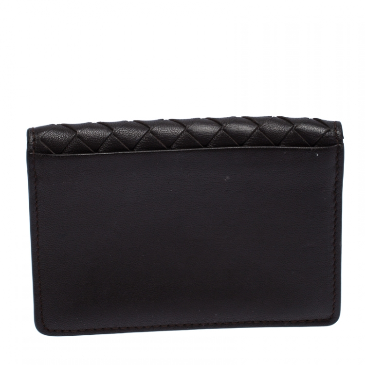 Pre Owned Bottega Veneta Dark Brown Intrecciato Leather Flap Card Case