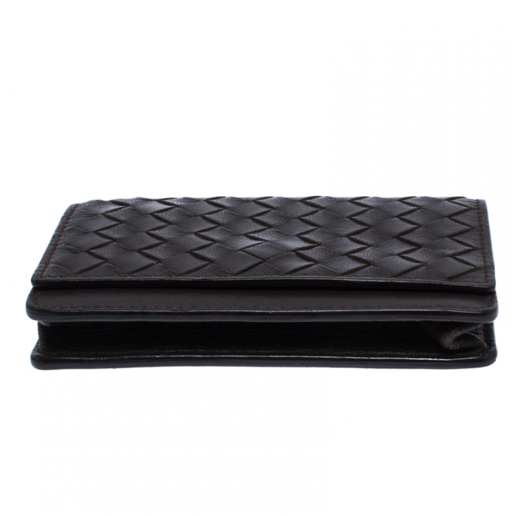 Pre Owned Bottega Veneta Dark Brown Intrecciato Leather Flap Card Case